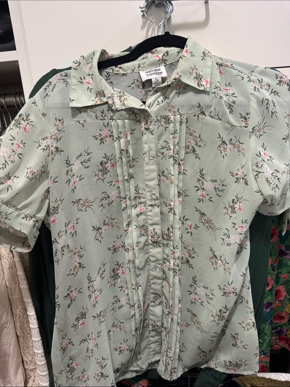 Unique Vintage Mint Floral Pintuck Tie Short Sleeve Blouse Sz M